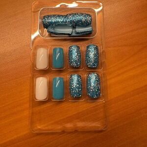Press On Nails Teal Glitter Short Square Fake Nails‎ Glue On Manicure